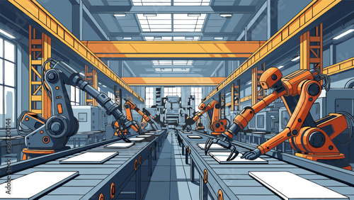 Automated Industrial Production Line with Robotic Arms A Vector Illustration for Manufacturing and Technology