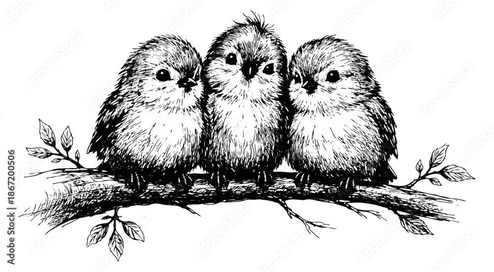 Fototapeta premium Hand drawn line art illustration of three cute birds perched on a branch for nature and spring designs