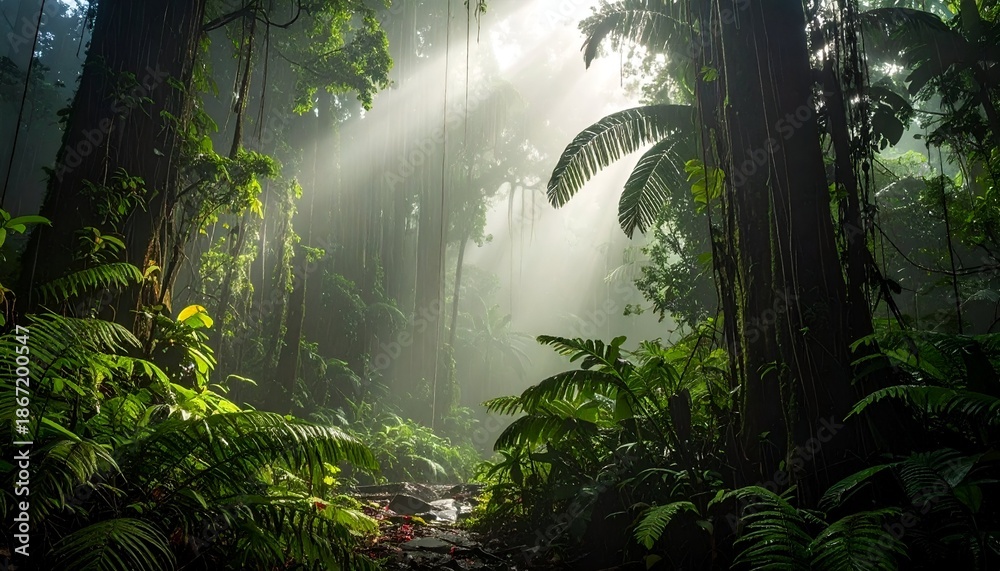 Obraz premium Lush tropical rainforest scene with sunlight beaming through green canopy