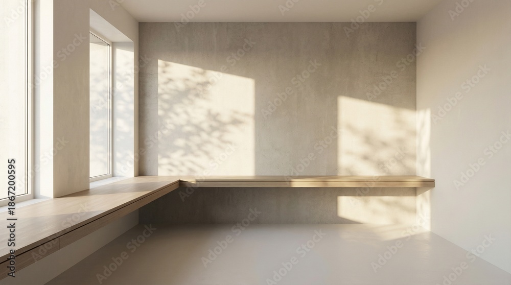 Fototapeta premium Sunlight Through Window in Minimalist Empty Room Modern Interior Background with Shadow