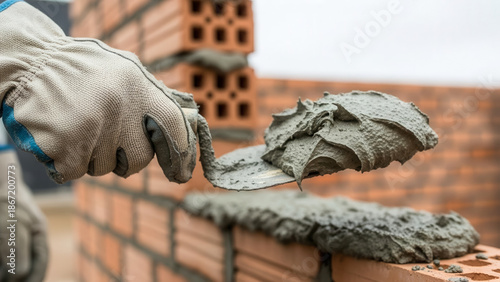 Builder hand holding trowel with mortar during bricklaying work on construction site, masonry craftsmanship and building process