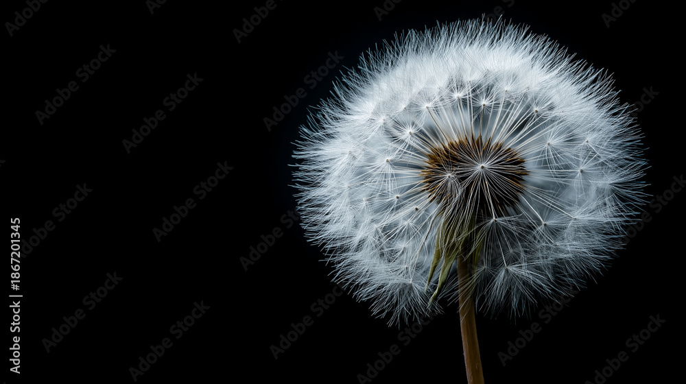 Fototapeta premium Minimal Black and White Close-Up of Dandelion Seed Head on Black Background – Delicate Nature and Calm Concept