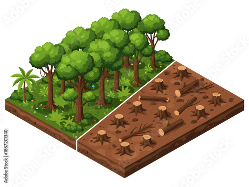 Environmental deforestation versus lush forest isometric vector illustration with cut trees and green canopy