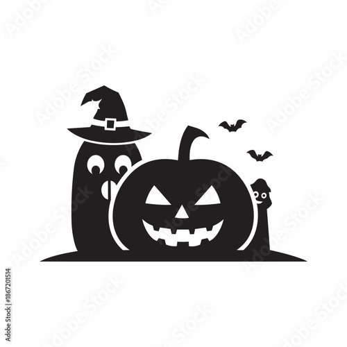 Halloween silhouette with spooky pumpkin ghost and small bats flying on white background