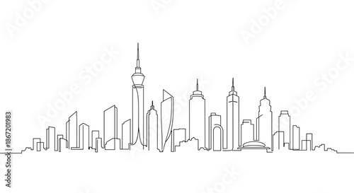 Modern city skyline illustration in a continuous one line drawing style representing urban architecture and development for websites.