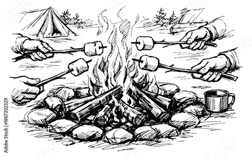 Hand drawn line art illustration of a campfire scene depicting people roasting marshmallows for an outdoor summer camping adventure