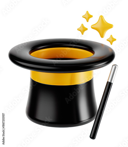 3D Black Magic Hat with Wand and Yellow Band for Magician's Show