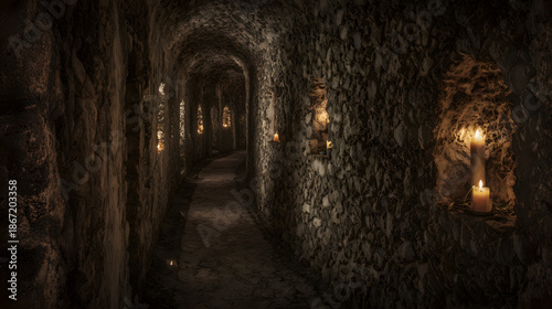 unanimity. A narrow stone corridor with arched niches lit by flickering candles, deep perspective. real-estate listings.