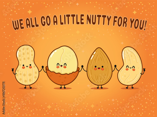 Cute cartoon nuts holding hands showing friendship and affection