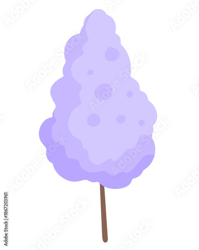 Purple cotton candy, sweet and fluffy sugar treat on a stick, isolated on white. Cartoon style purple cotton candy illustration with bright colors.