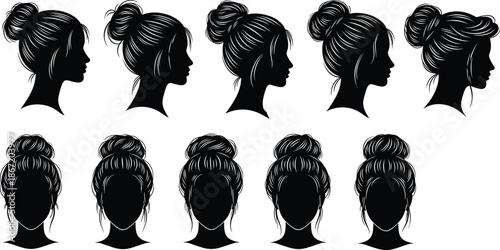 Black silhouette set of woman with messy bun hairstyle, female head profile and front view icons for beauty salon logo,