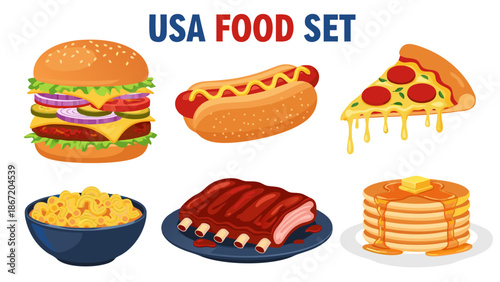 Set of USA food vector illustration - hamburger, hot dog, pizza, ribs, pancakes and french fries