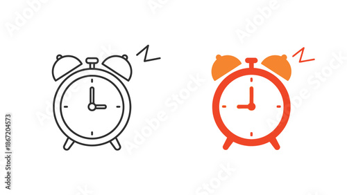 Set of two classic twin bell alarm clock icons illustrating wake up alerts and quiet sleep modes available in outline and color formats