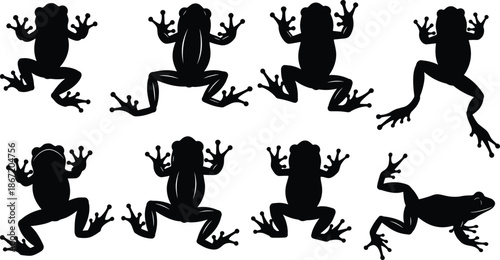 Black tree frog silhouettes vector set isolated on white background for tropical nature wildlife design pond animal and amphibian illustration