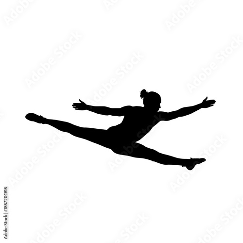 Silhouette of a female gymnast performing a horizontal split leap.