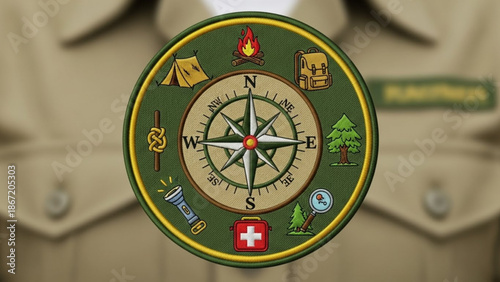 A vector graphic of a compass patch on a scout uniform with various icons