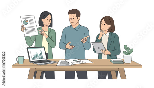 Business colleagues collaborating around a desk, discussing data and working on project strategies