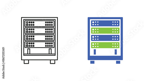 Collection of server rack icons presented in both simple line art style and colorful flat design illustrating data storage and network infrastructure technology concepts