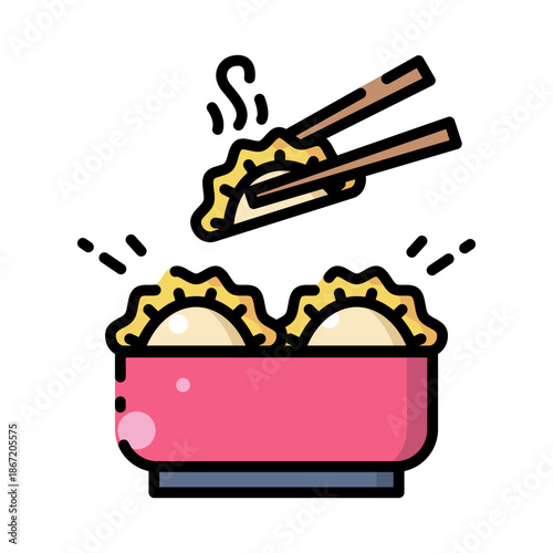 Steamed Chinese Dumplings in Bowl with Chopsticks Vector Icon