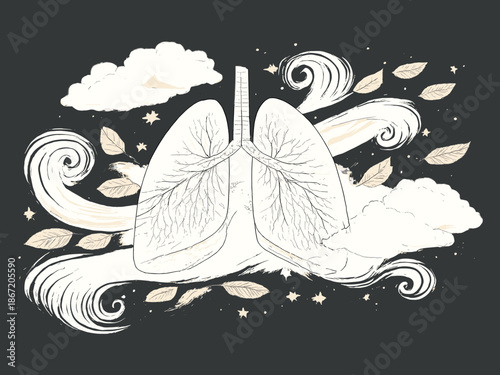 Stylized illustration of human lungs on a dark background. Around the lungs are dynamic elements symbolizing breathing and fresh air.