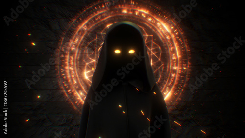 Cloaked Figure with Glowing Eyes & Magical Symbols