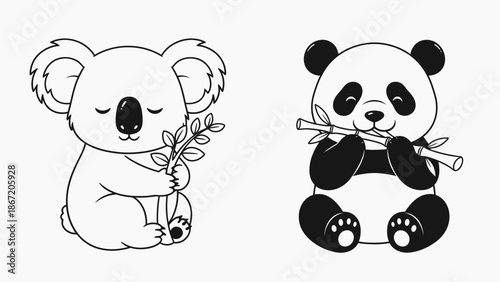 Adorable koala and panda bear cartoon characters.