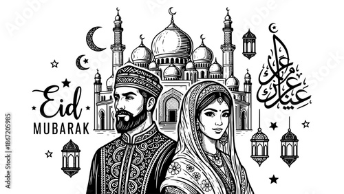 Traditional Eid Mubarak Greeting with Mosque and Lanterns in Black and White