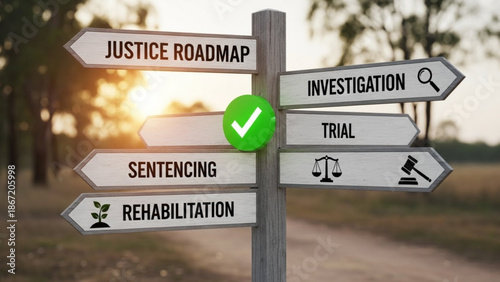 A signpost with directions for justice, investigation, trial, sentencing, and rehabilitation in a natural setting