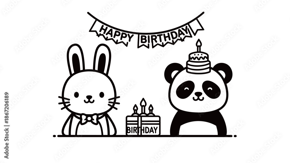 Fototapeta premium Black and white cartoon rabbit and panda celebrating birthday together with cakes and banner.