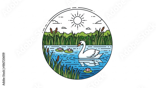 A serene vector illustration of a swan in a pond with lily pads and sunny sky