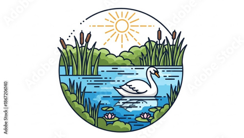 A serene vector illustration of a swan in a pond with lily pads and cattails