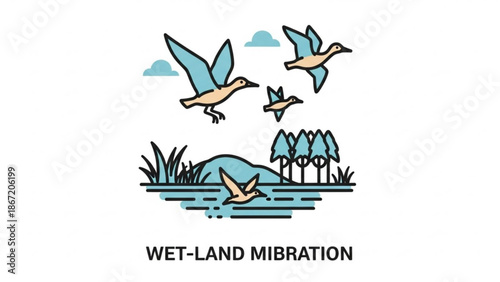 A vector graphic illustration of birds migrating over a wetland landscape with trees and water
