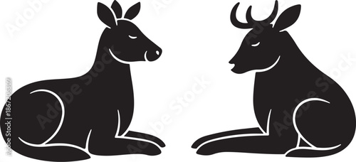 Two black deer lying down in white background illustration