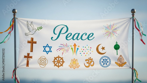 A white banner with various religious symbols and the word Peace against a blue sky