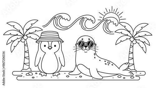 Two cartoon seals on a tropical beach with palm trees and waves.