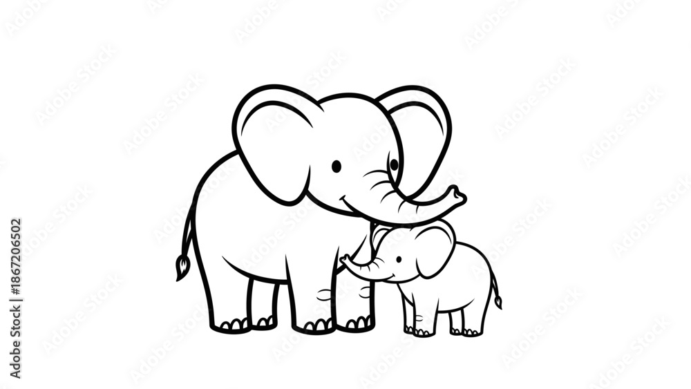 Fototapeta premium Simple black and white illustration of an adult elephant and a baby elephant.