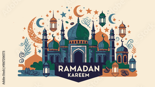 Colorful Ramadan Kareem Illustration with Mosque and Lanterns