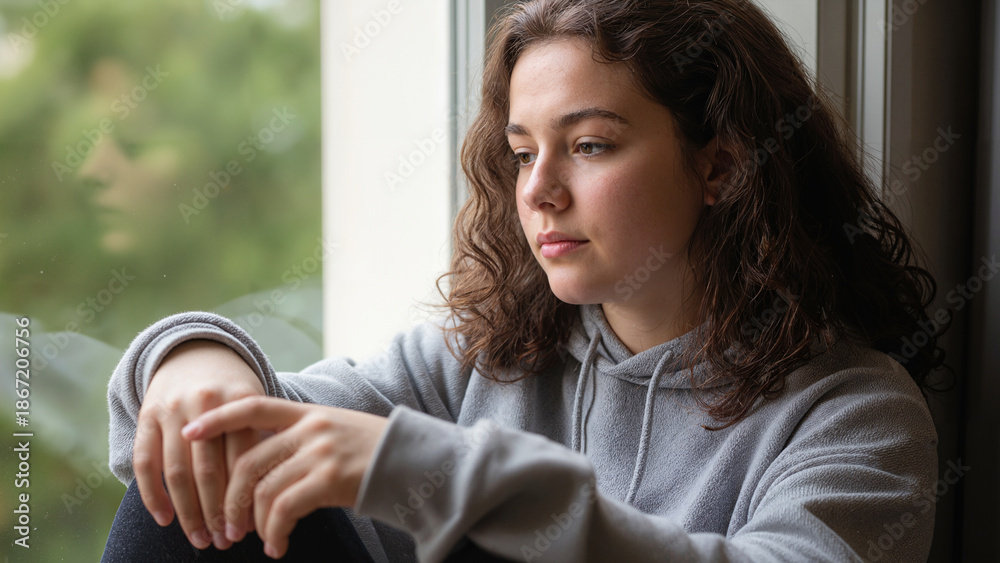 Sad young woman sitting by window looking pensive and lonely at home ...
