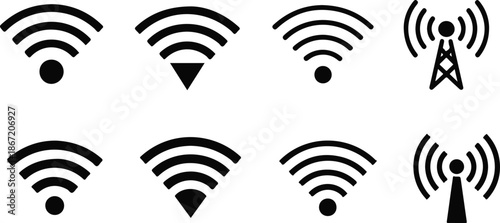 Different black wifi icon set. Wireless internet Sign isolated on white background. Vector wi-fi signal
