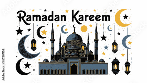 Ramadan Kareem greeting card with mosque and decorative lanterns