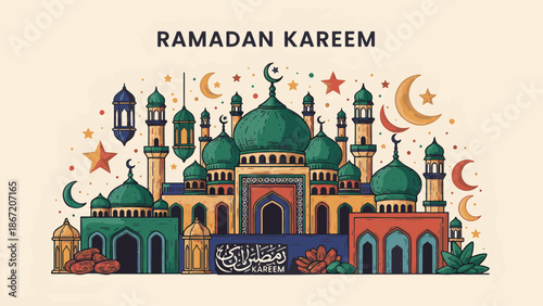 Colorful Ramadan Kareem Illustration with Mosque and Lanterns