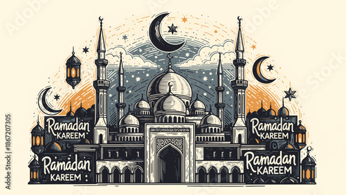 Intricate Mosque Illustration Celebrating Ramadan with Crescent Moons and Stars