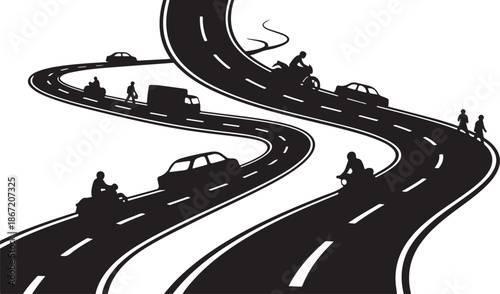 Winding road with various vehicles and travelers in motion