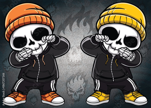 A charming skeleton shows off its playful side with a dab and a cozy outfit.