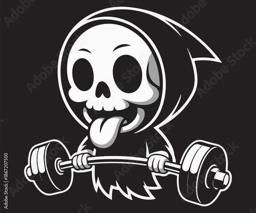 Illustration of a grim reaper weightlifting and sticking out his tongue.