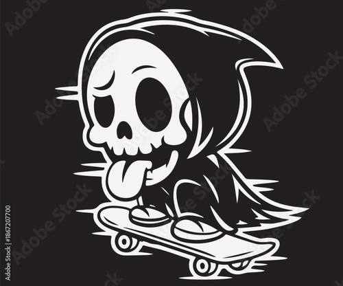 Artwork showing the grim reaper skating with attitude, tongue sticking out.