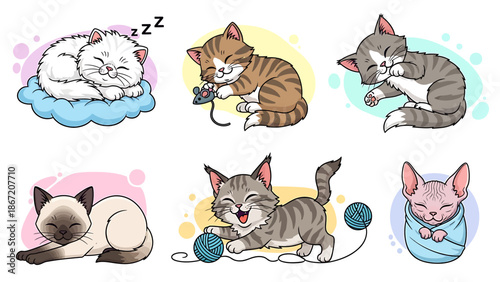 Adorable Collection of Six Playful and Sleeping Kittens in Cartoon Style