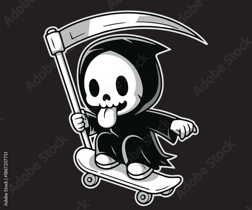 Art of the grim reaper skating with his tongue hanging out.