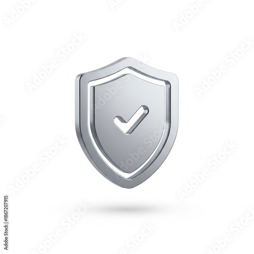Silver shield icon with a checkmark, symbolizing security, protection, and success in a professional context