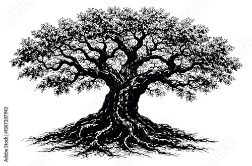 Hand drawn illustration of an ancient oak tree depicting intricate roots and a wide canopy for nature and heritage themes